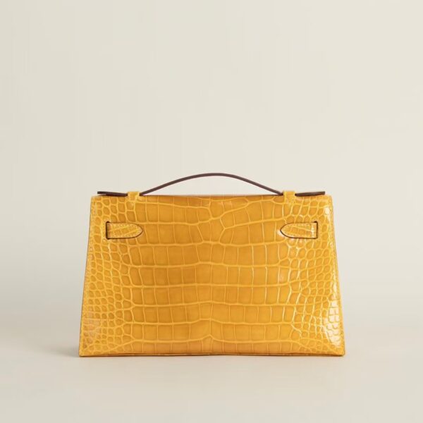 HERMÈS Kelly Pochette Shiny Alligator Crocodile 22CM 9D Jaune Amber GHW Hardware