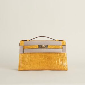 HERMÈS Kelly Pochette Shiny Alligator Crocodile 22CM 9D Jaune Amber GHW Hardware