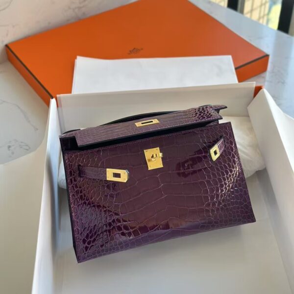 HERMÈS Kelly Pochette Shiny Alligator Crocodile 22CM N5 Cassie GHW Hardware