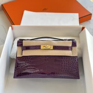 HERMÈS Kelly Pochette Shiny Alligator Crocodile 22CM N5 Cassie GHW Hardware