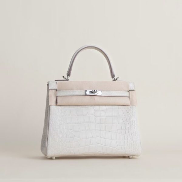 HERMÈS Kelly 25CM Matte Crocodile Leather Bag 8L Beton PHW Hardware