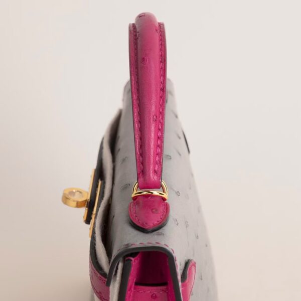 HERMÈS Mini Kelly Ostrich Leather M8 Griss Asphalt / E5 Rose tyrien PHW Hardware