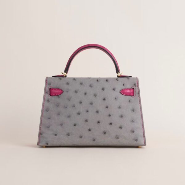 HERMÈS Mini Kelly Ostrich Leather M8 Griss Asphalt / E5 Rose tyrien PHW Hardware