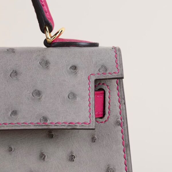 HERMÈS Mini Kelly Ostrich Leather M8 Griss Asphalt / E5 Rose tyrien PHW Hardware