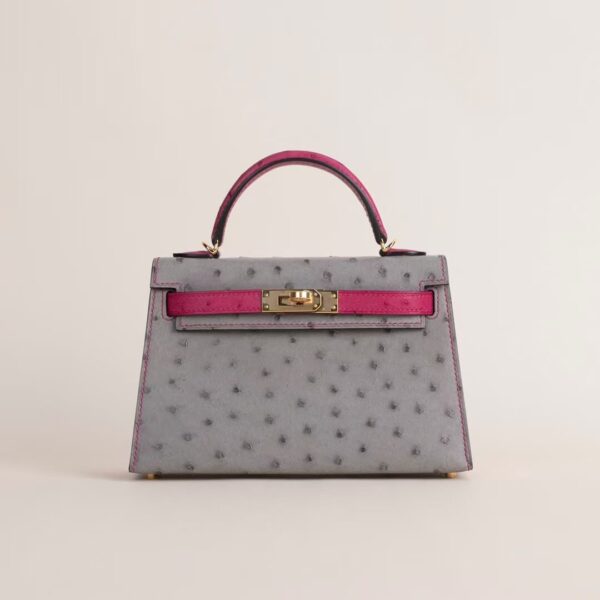 HERMÈS Mini Kelly Ostrich Leather M8 Griss Asphalt / E5 Rose tyrien PHW Hardware