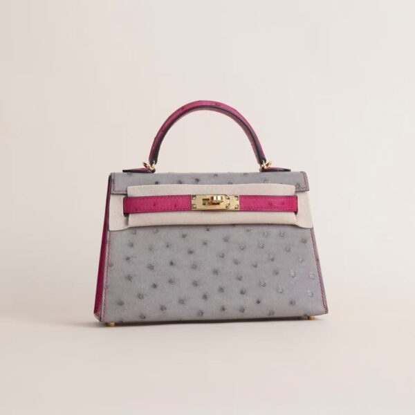 HERMÈS Mini Kelly Ostrich Leather M8 Griss Asphalt / E5 Rose tyrien PHW Hardware