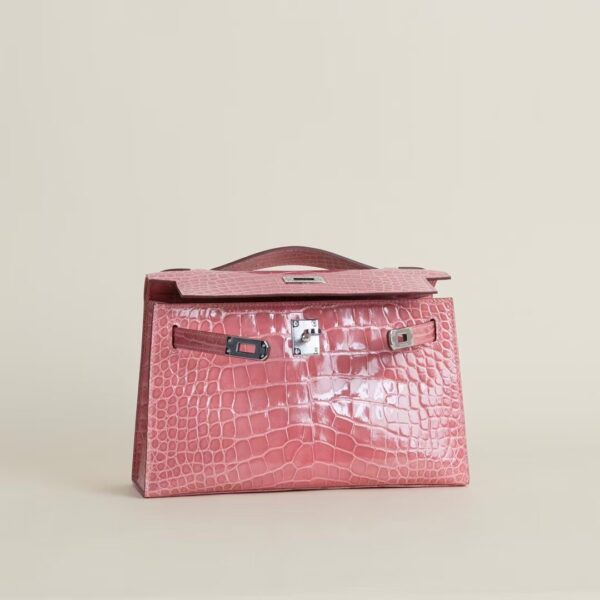 HERMÈS Kelly Pochette Shiny Alligator Crocodile CK94 Terre Cuite 22CM PHW Hardware