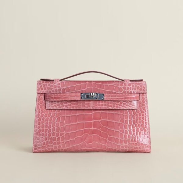 HERMÈS Kelly Pochette Shiny Alligator Crocodile CK94 Terre Cuite 22CM PHW Hardware