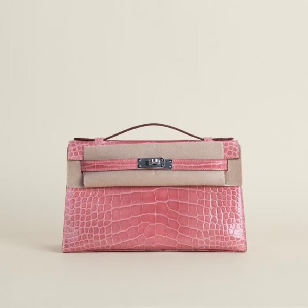 HERMÈS Kelly Pochette Shiny Alligator Crocodile CK94 Terre Cuite 22CM PHW Hardware