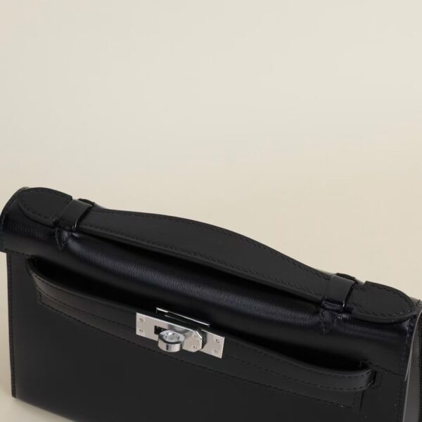 HERMÈS Kelly Pochette Box Leather CK89 Black 22CM PHW Hardware