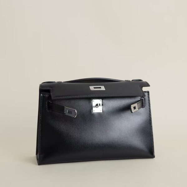 HERMÈS Kelly Pochette Box Leather CK89 Black 22CM PHW Hardware
