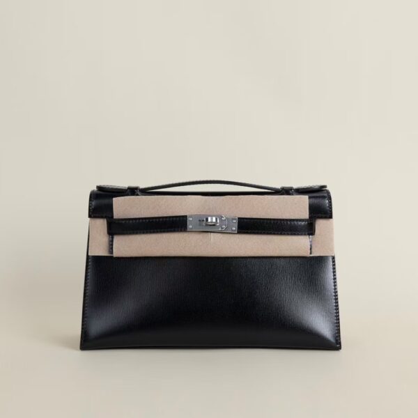 HERMÈS Kelly Pochette Box Leather CK89 Black 22CM PHW Hardware