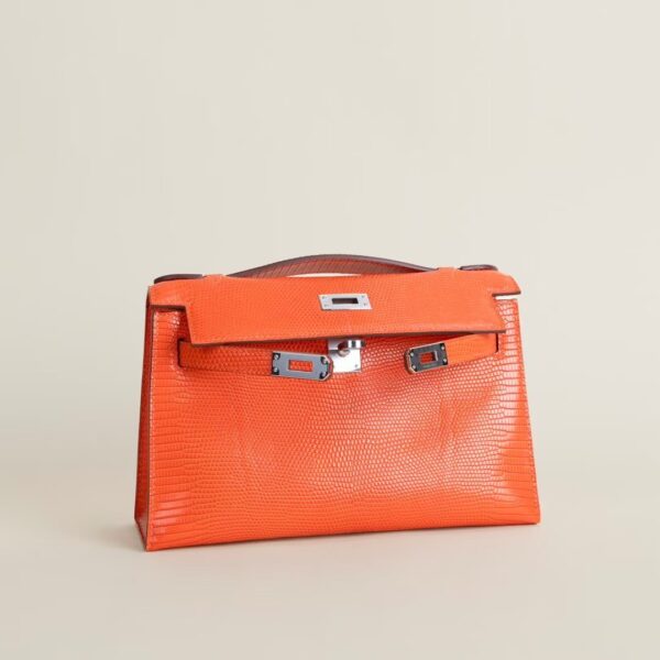 HERMÈS Kelly Pochette Lizard Leather CC93 Orange 22CM PHW Hardware