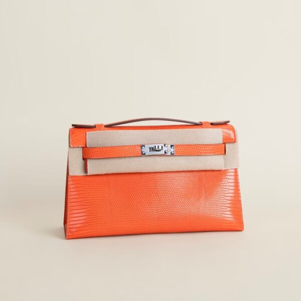 HERMÈS Kelly Pochette Lizard Leather CC93 Orange 22CM PHW Hardware