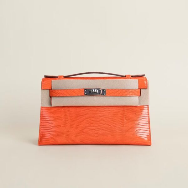 HERMÈS Kelly Pochette Lizard Leather CC93 Orange 22CM PHW Hardware