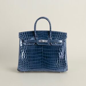 HERMÈS Birkin 25CM Shiny HCP Crocodile N7 Blue Tempete PHW Hardware
