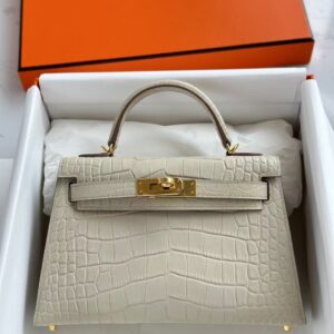 HERMÈS Mini Kelly 19CM Matte Alligator Crocodile ll Bag 8L Beton GHW Hardware